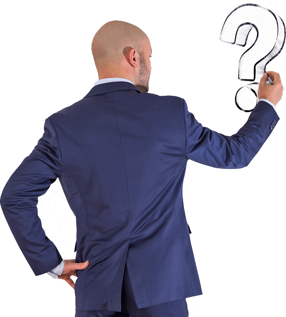 Businessman drawing question mark, isolated on transparent background.
